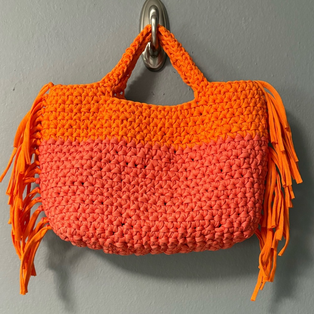 New Handwoven Crochet One of a Kind Orange and Coral Colorblock Tote Bag.